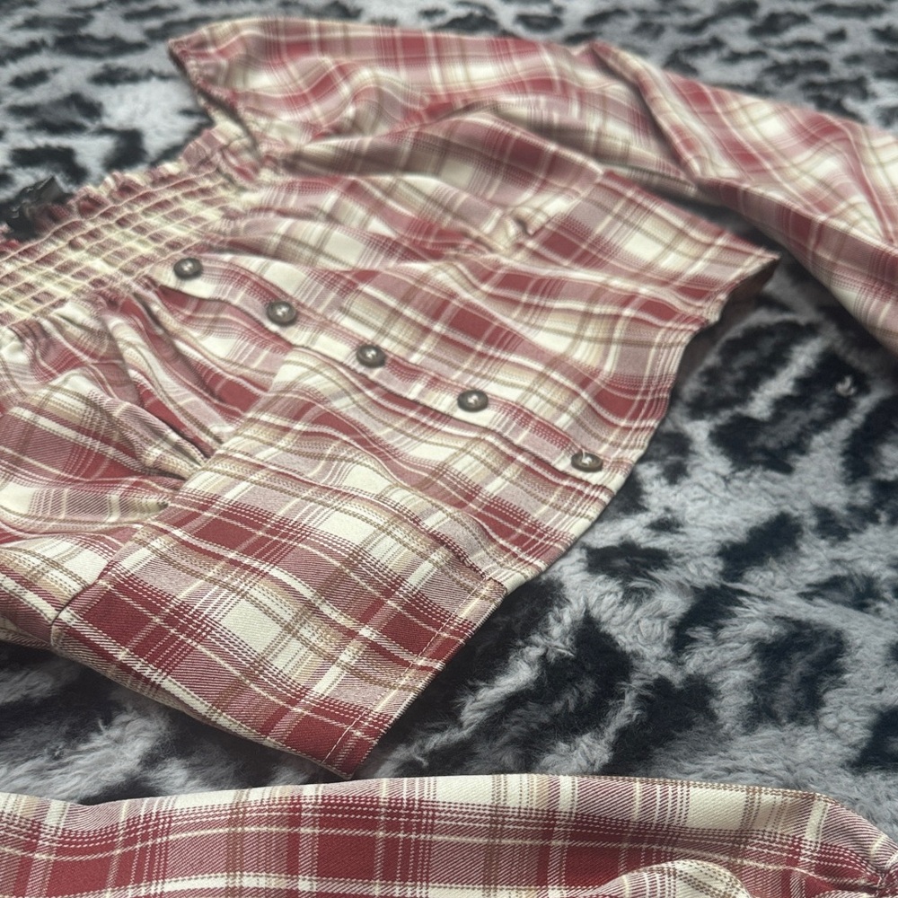Love Tree Ruffled Burgundy and Cream Plaid Top - Picture 4 of 6